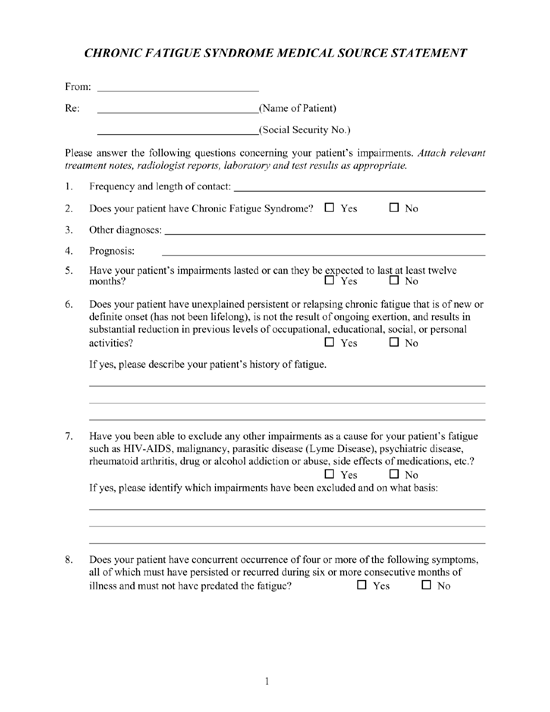 Chronic Fatigue Syndrome Medical Source Statement Chronic Fatigue Syndrome Medical Source Statement
